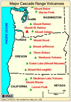 All the major Cascade volcanoes except Garibaldi (which is north of this image's extent).