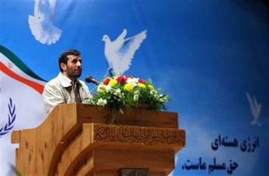 Iran's hard-line President Mahmoud Ahmadinejad speaks in Mashhad, Iran's holiest city Tuesday, April 11, 2006.