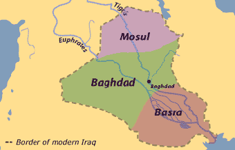 Map showing the Ottoman provinces of Mosul, Baghdad and Basra