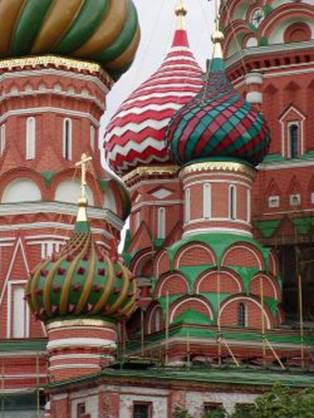 Closeup of onion domes on Saint Basil's Cathedral in Moscow