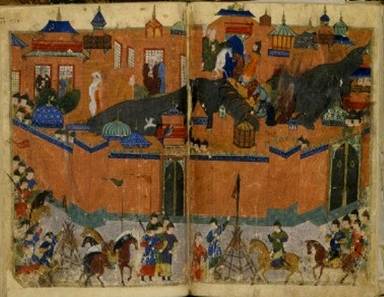 Hulagu's army attacks Baghdad, 1258. Note siege engine in foreground.
