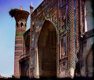 Colour photograph of Ulugh Beg Madrasa taken in Samarkand ca. 1912.