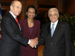 Ehud Olmert meets with Condoleezza Rice and Mahmoud Abbas