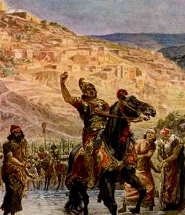 The Assyrian Rabshakeh demanding the surrender of Jerusalem . During the reign of Hezekiah when he was under attack from Sennacherib . Isiah 36 : 4 5 . And Rabshakeh said unto them , Say ye now to Hezekiah , Thus saith the great king , the king of Assyria , What confidence is this wherein thou trustest 5 I say , sayest thou , ( but they are but vain words ) I have counsel and strength for war : now on whom dost thou trust , that thou rebellest against me Illustration by William Hole 1846 1917 stock photo