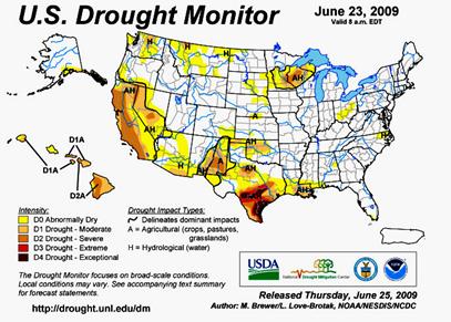 U.S. map of drought severity in late June 2009