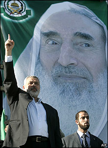 Hamas Prime Minister Ismail Haniya addresses the rally