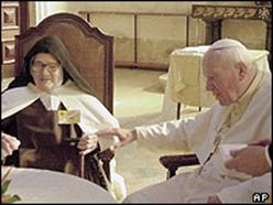 Sister Lucia with Pope John Paul II in Fatima, Portugal, in 2000 